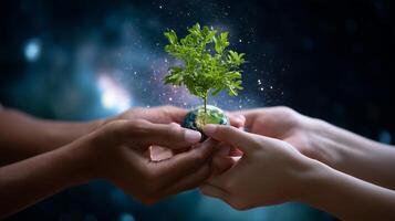 Hands supporting a small tree growing on a globe, symbolizing environmental protection and unity photo