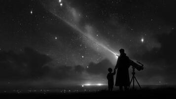 Star gazing at night with a telescope while a parent and child admire the universe from a quiet hilltop location photo