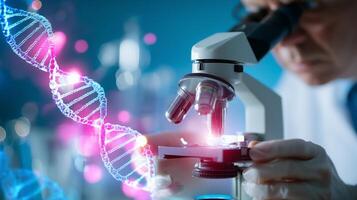 Microscope analysis reveals genetic structures in a laboratory setting during research on DNA and biotechnology photo