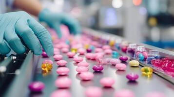 Workers sorting colorful candy on a conveyor belt in a factory during a busy production shift photo