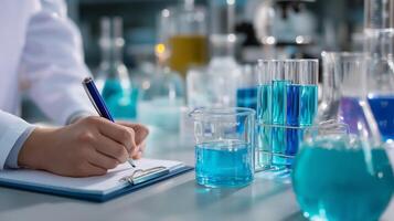 Scientist conducting research with blue liquids in laboratory at daytime photo