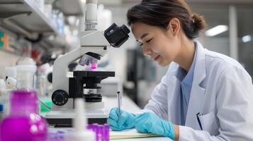 Research scientist examines samples under microscope in laboratory setting during work hours photo