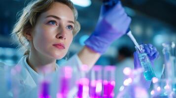 Female scientist conducting laboratory experiment with colorful liquids in beakers during daylight hours photo