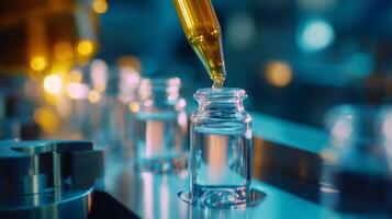 Close-up of a dropper releasing liquid into a glass vial in a laboratory setting during the evening photo