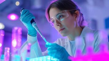 Scientist conducting research in a laboratory under colorful lighting, focused on precise liquid measurement with a pipette photo