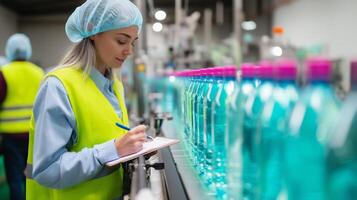 Quality control technician inspecting bottled products in a factory during daytime operations photo