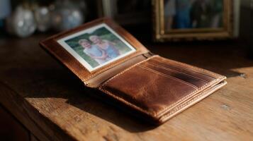 Brown leather wallet displaying a cherished family photo on a wooden table in soft morning light