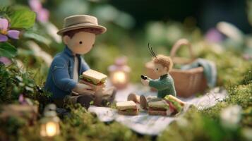 Father and child enjoy a picnic with sandwiches in a vibrant garden during a sunny afternoon photo