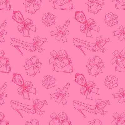 Pattern coquette girly elements. Line art of shoes, lipstick, perfume, bag. Girly Vibe. For textiles, packaging, wallpapers or covers.