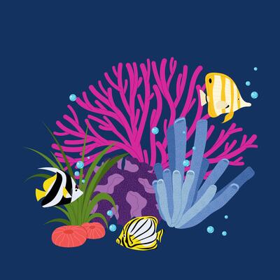 Illustration of exotic tropical fish and vibrant coral reef in underwater scenery. Perfect for marine themes or kids designs
