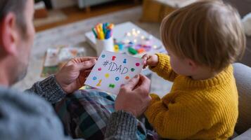 Child creating a heartfelt card for dad while sitting with parent during a cozy home moment photo