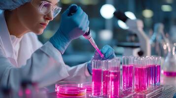 Scientist conducts experiments with colorful liquid samples in a modern laboratory setting during evening hours photo