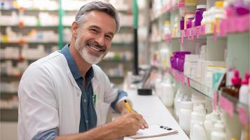 Smiling pharmacist assists customers with medication and consultations in a busy pharmacy during the day photo