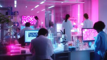 Scientists conduct research in a vibrant laboratory filled with advanced technology during a late evening session photo