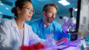Scientists conducting research in a modern laboratory while analyzing samples under a microscope during the day photo