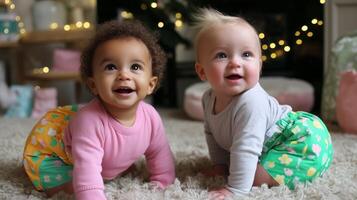 Two happy babies crawling on a soft rug in a cozy living room decorated with fairy lights photo