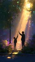 Joyful moment of connection between a parent and child in a magical garden at sunset photo