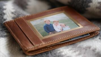 Family portrait framed in a leather wallet on a cozy blanket during a calm afternoon at home photo