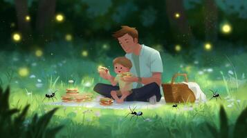 Enjoying a summer picnic in a lush green forest with fireflies and playful ants photo