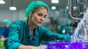 Worker in factory prepares materials for production during daytime with focus on cleanliness and efficiency photo