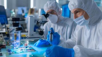 Technicians working in cleanroom on circuit board assembly during laboratory research and development process photo