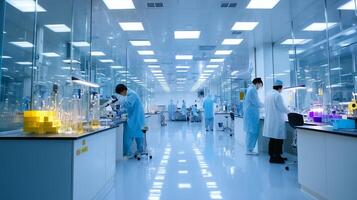 Modern laboratory with scientists conducting research and experiments in a clean, well-lit environment photo