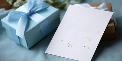 Gift boxes and a blank card arranged elegantly on a soft blue backdrop for a special occasion photo