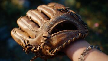 Vintage leather baseball glove held by a hand in an outdoor setting with natural light during the day photo