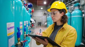 Engineer checks equipment and records data in industrial facility with gas cylinders during daytime operations photo