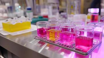 Various colored liquids in laboratory jars on a metallic workbench during a scientific experiment photo