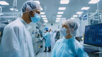 Scientists engage in discussion in a modern laboratory during research activity photo