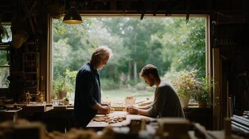 Two craftsmen working on wood projects in a sunlit workshop surrounded by plants and nature in the afternoon photo