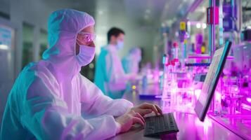Researchers in cleanroom lab conducting experiments and recording data with advanced technology and equipment photo