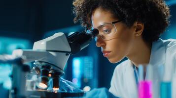 Scientist examines samples through a microscope in a modern laboratory during evening research session photo