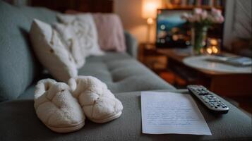 Cozy living room setting with slippers, a letter, and a remote control on a coffee table in the evening photo