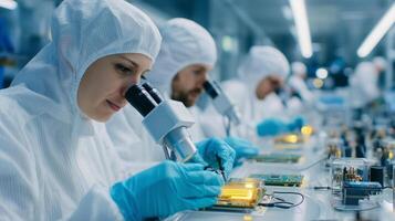 Scientists conduct intricate research with microscopes in a cleanroom laboratory focused on electronic circuit development photo