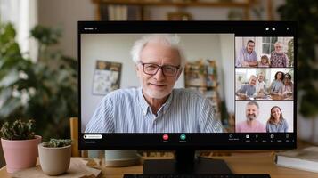 Elderly man participates in a call with family members at home during a sunny afternoon photo