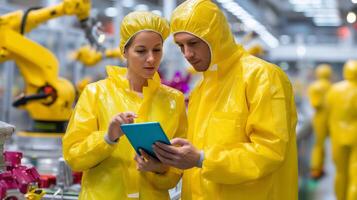 Engineers collaborating in a manufacturing facility while utilizing a tablet during quality control assessment photo