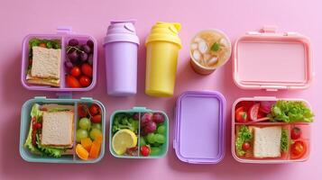 Colorful lunch boxes with healthy snacks and drinks arranged on pink background photo