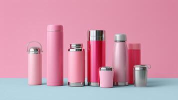 Assorted pink thermoses and mugs arranged on blue surface against solid pink background photo