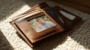 Personal wallet resting on a textured surface with a family photo visible in bright afternoon light