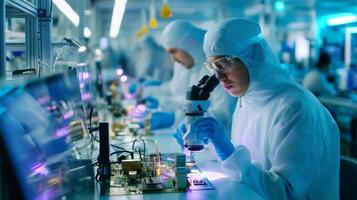 Scientists conduct research in a laboratory setting focusing on electronics and technology development during working hours photo