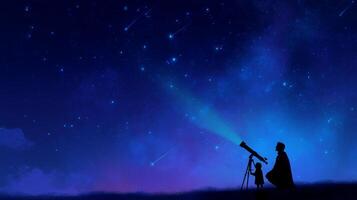Observing the night sky with a child using a telescope while shooting stars illuminate the dark blue horizon photo