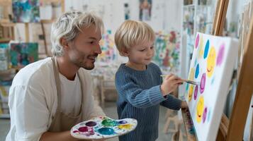 Artistic interaction between a man and a child in a creative studio during a vibrant painting session photo