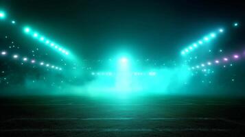 Stadium illuminated by vibrant lights during nighttime event with mist and atmosphere enhancing energy photo