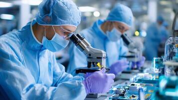Scientists conduct research in a laboratory with microscopes while wearing protective gear in a sterile environment photo