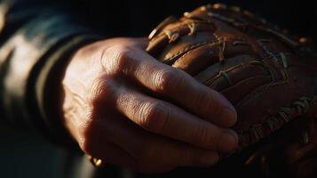 Close-up of a hand gripping a baseball glove during an outdoor game in the late afternoon sun, capturing the anticipation of play photo
