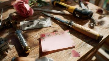 Crafting tools and a pink note adorn a rustic wooden table in a creative workspace surrounded by floral accents photo