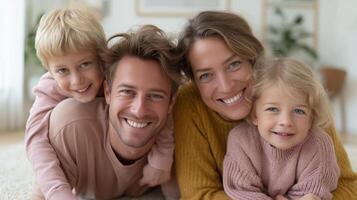 Happy family enjoys cozy moment together at home in soft sweaters with cheerful smiles on a sunny afternoon photo