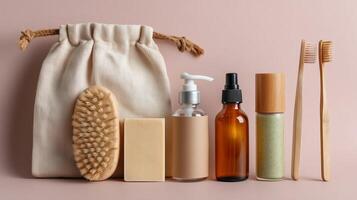 Natural skincare products arranged on a soft pink background for a beauty routine photo